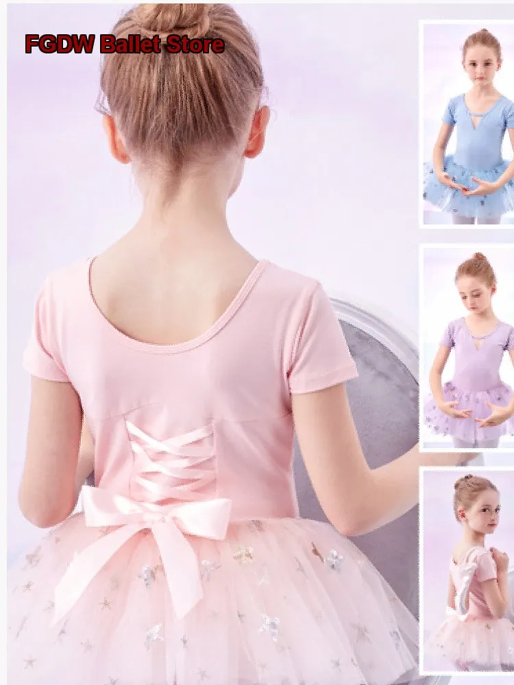 Children's Girls Dance Dress Short Sleeves One-Piece Practice Chinese Summer Jump Suit Kids