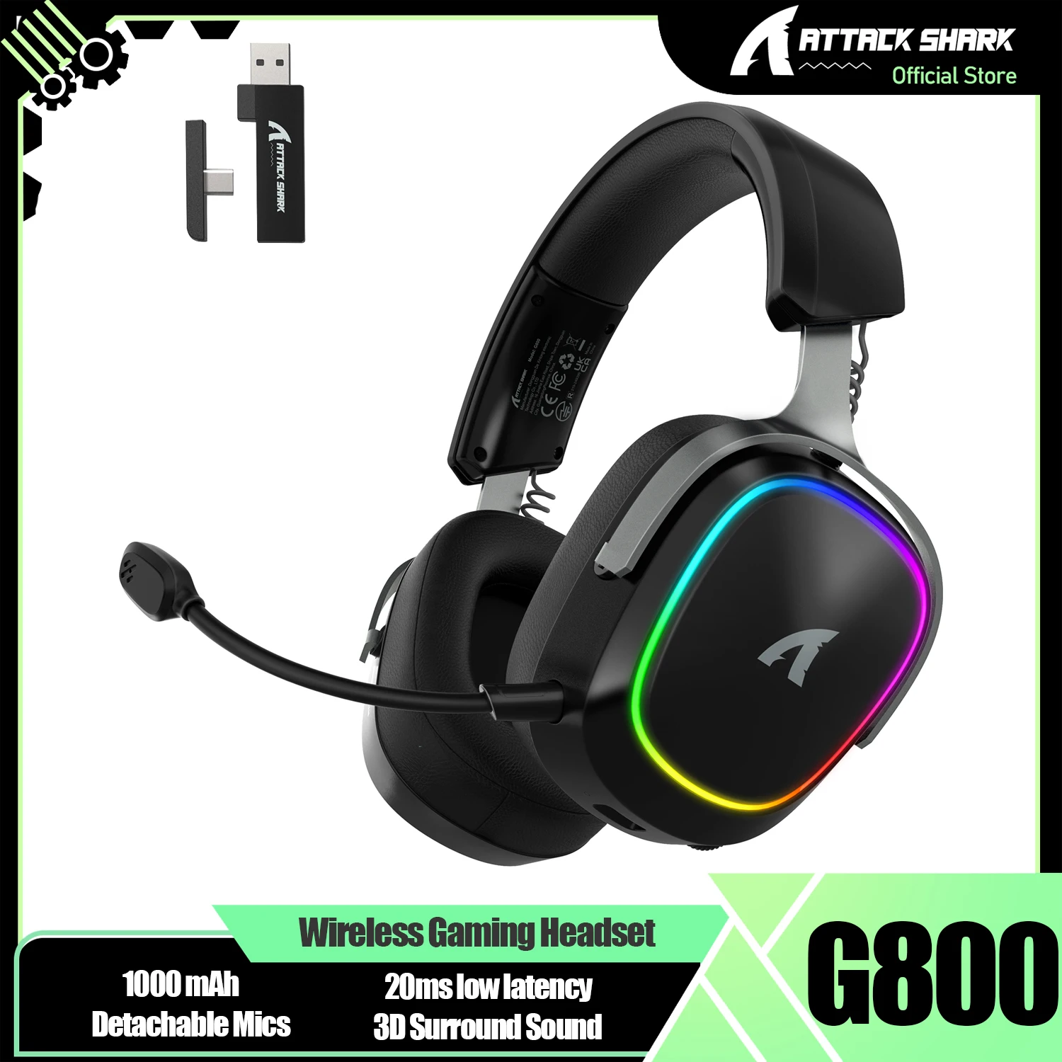 ATTACK SHARK G800 Wireless Gaming Headset, 1000 mAh, Detachable Mics, Aluminum Alloy Frame, 3D Surround Sound, 20ms Low Latency