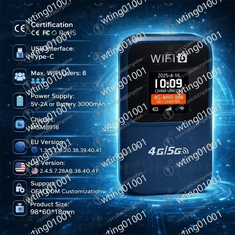 for 4G LTE Portable WiFi Router 300Mbps Wireless Hotspot with 3000mAh Battery Type-C Charging LCD Screen for Travel Camping
