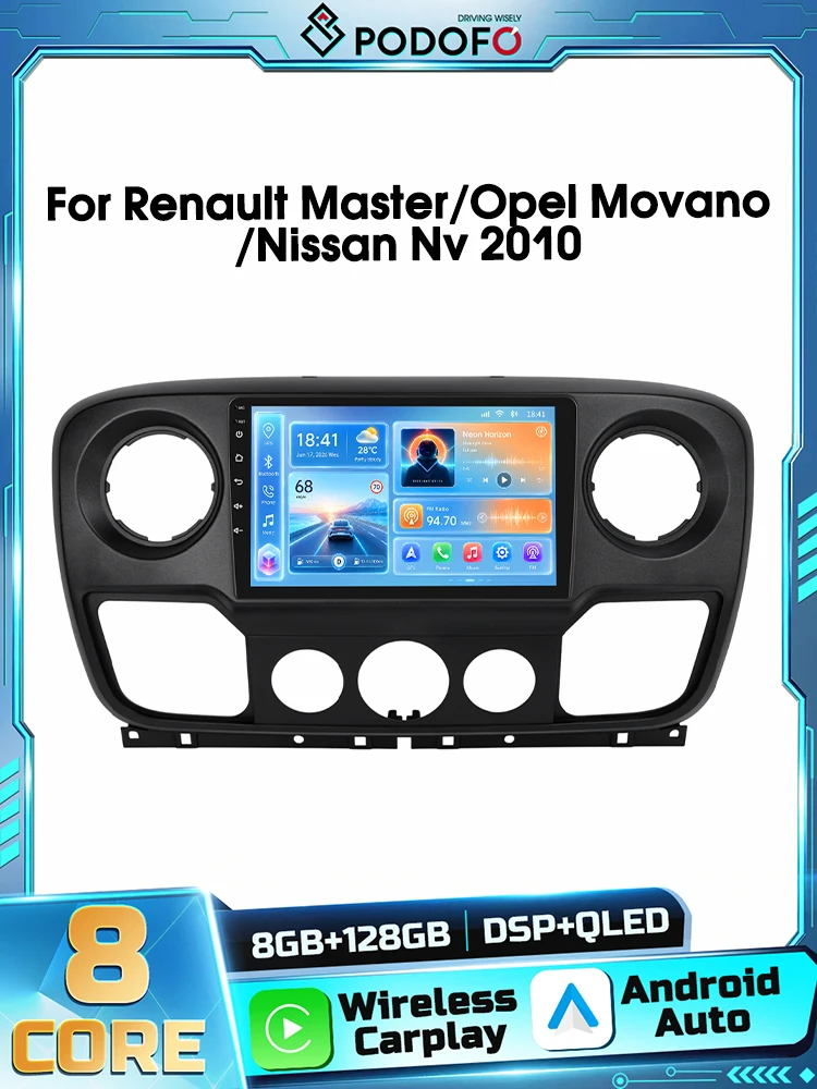 Podofo – radio samochodowe z systemem Android, obsługujące sterowanie głosowe AI, model 2DIN, przeznaczone do samochodów Renault Master, OPEL Movano i Nissan NV400 (rocznik 2010), z nawigacją GPS, — 2