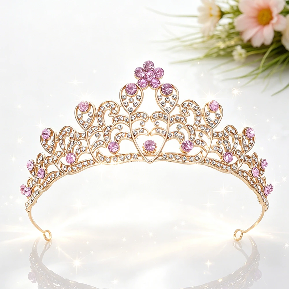 Vintage Baroque Gold Plated Filigree Rhinestone Bridal Tiara Elegant Royal Queen Crown Hair Accessory Hollow Regal Headpiece