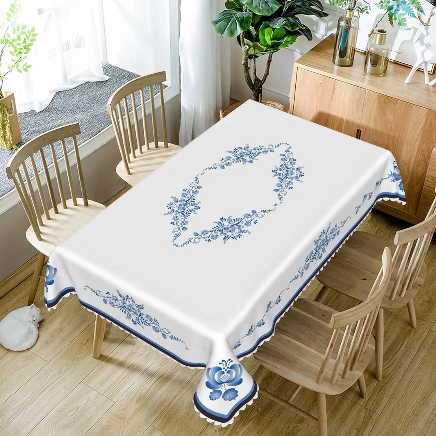 Blue Floral Rectangle Tablecloth Wedding Party Decor Reusable Blue White Porcelain Printed Tablecover Kitchen Dining Table Decor