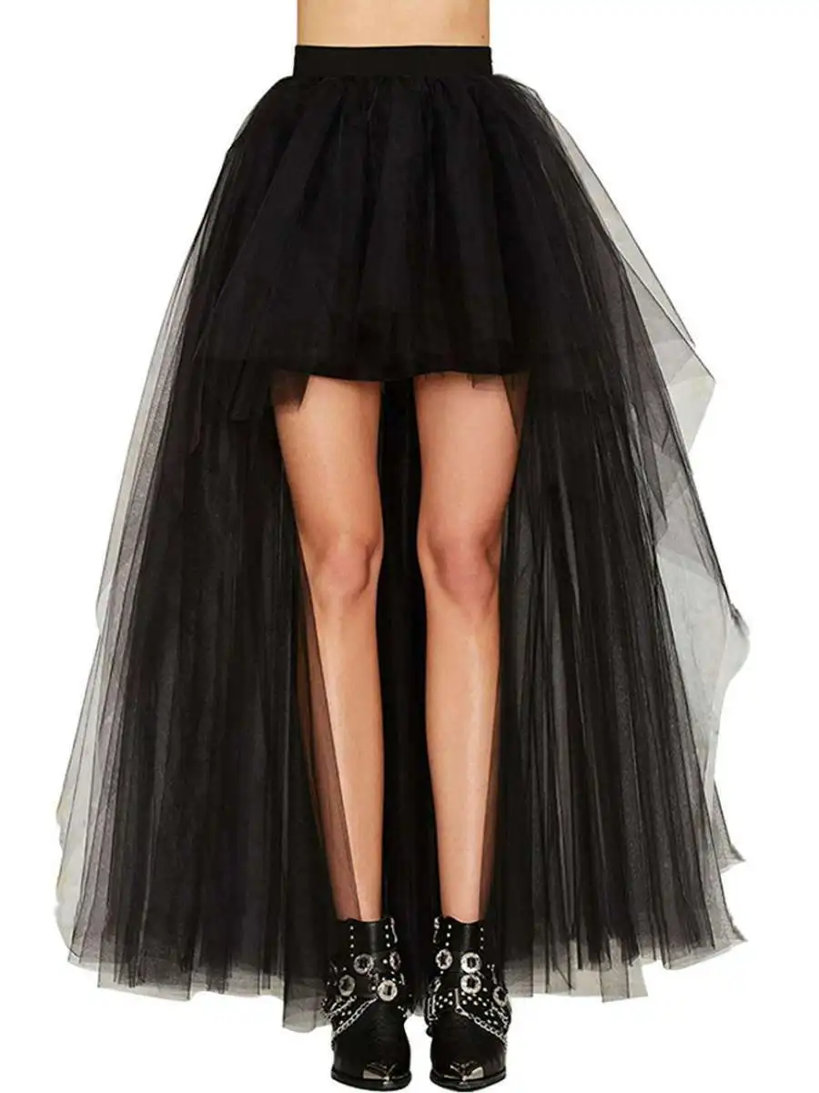 Gothic Style Tailored Half Skirt Sexy Black Mesh Skirt Adult Mid-Calf Length Front Short Back Long Puffy Skirt for Women