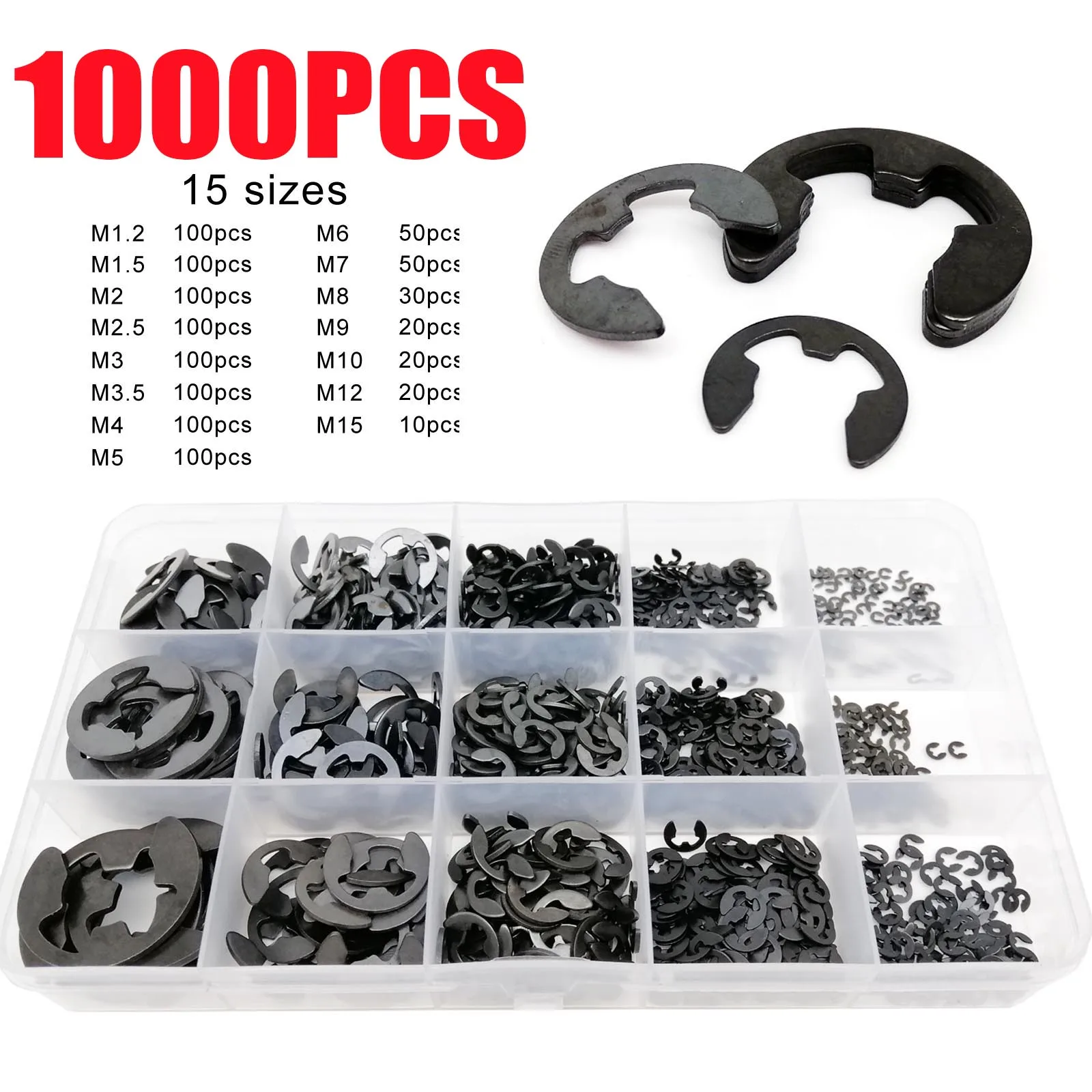 1000pcs  M1.2-M15 Black Carbon Steel Washer External Retaining Ring E Clip Snap Circlip Washer for Shaft Assortment Kit