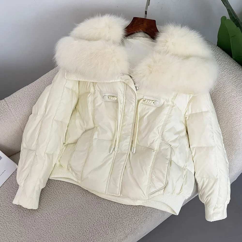 OFTBUY 2024 Winter Fur Jacket Women Big Real Fox Fur Collar Natural Thick Warm Duck Down Coat Short Outerwear Streetwear Loose