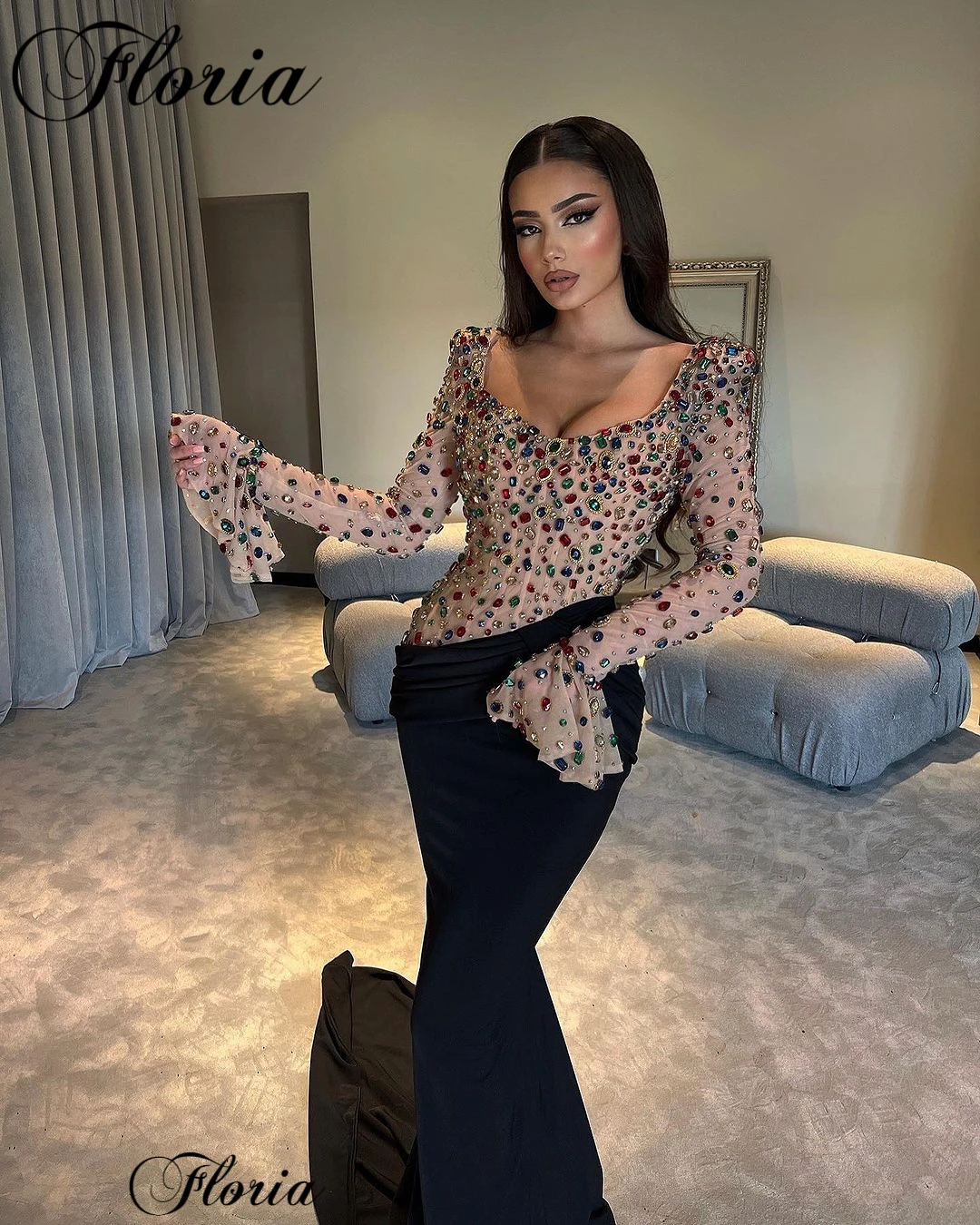 New Elegant Crystals Celebrity Dresses For Women 2023 Long Sleeves Formal Occasion Dresses Vestidos De Noche Evening Party Dress