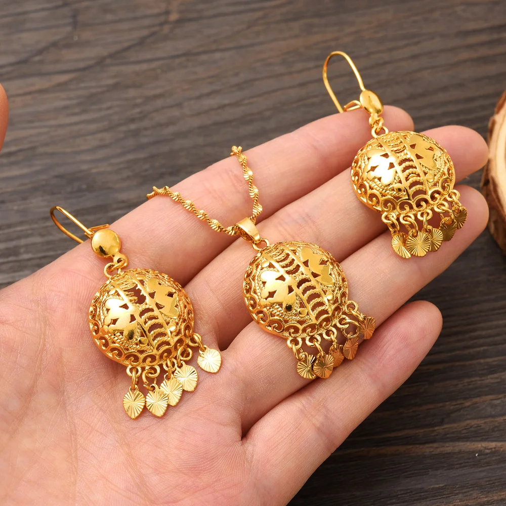 Dubai Gold Color Necklace Earring Set Party Jewelry Sets Round Gift Charms Girls Kid Jewelry