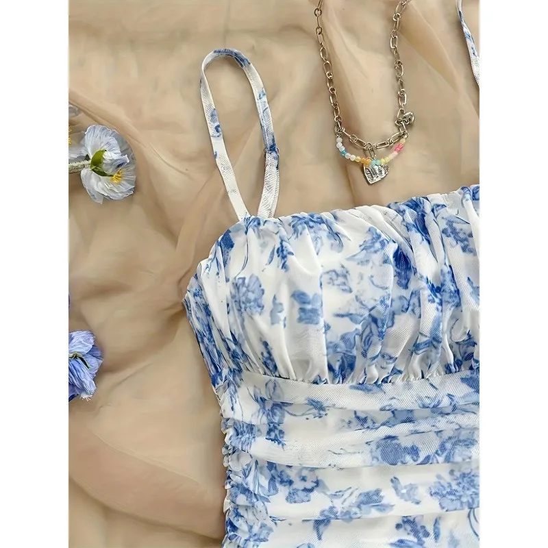 Flocked Floral Print Dress with Mid Rise Waist Sweet and Fresh Women Summer Dress Spaghetti Strap Short Skirt Mini Length Party