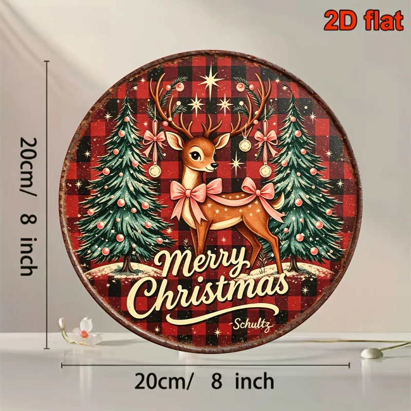 2D Flat Printing, 1pc, Red Background with Deer, Merry Christmas, Round Wooden Sign, Decorative Hanging Plaque, Perfect Decorati
