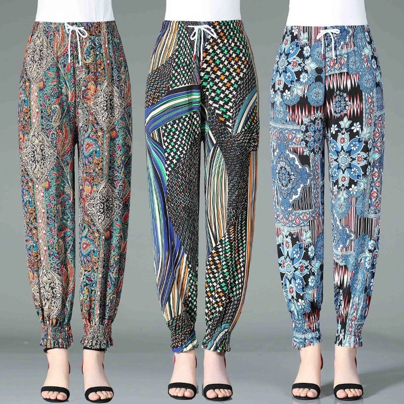 

Women's Summer Cropped Pants Casual Elastic High Waist Floral Print Trousers Woman Streetwear Ankle-Length Harem Pants For Women