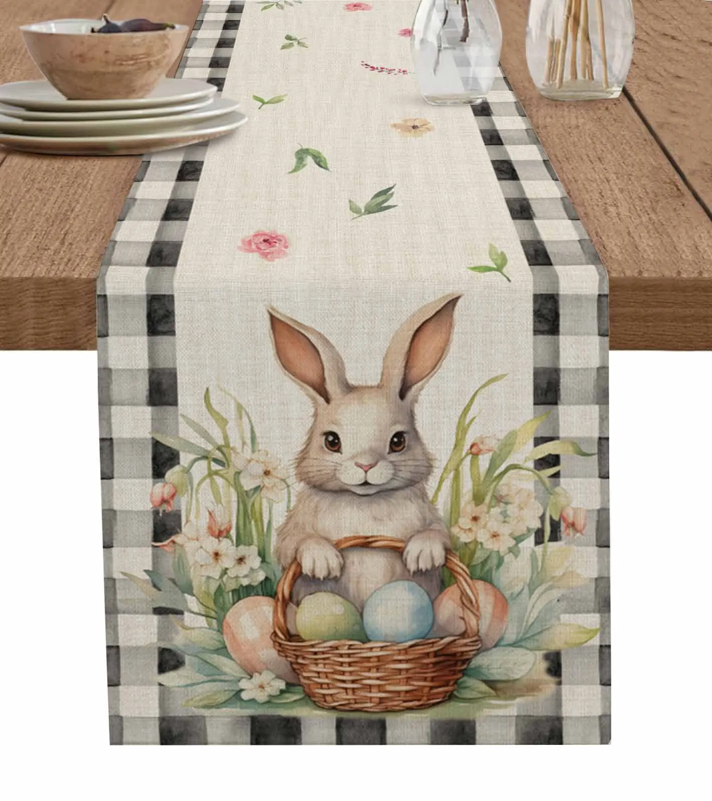 

Easter Rabbit Watercolor Plaid Pattern Table Runner Decoration Home Decor Dinner Table Decoration Table Decor