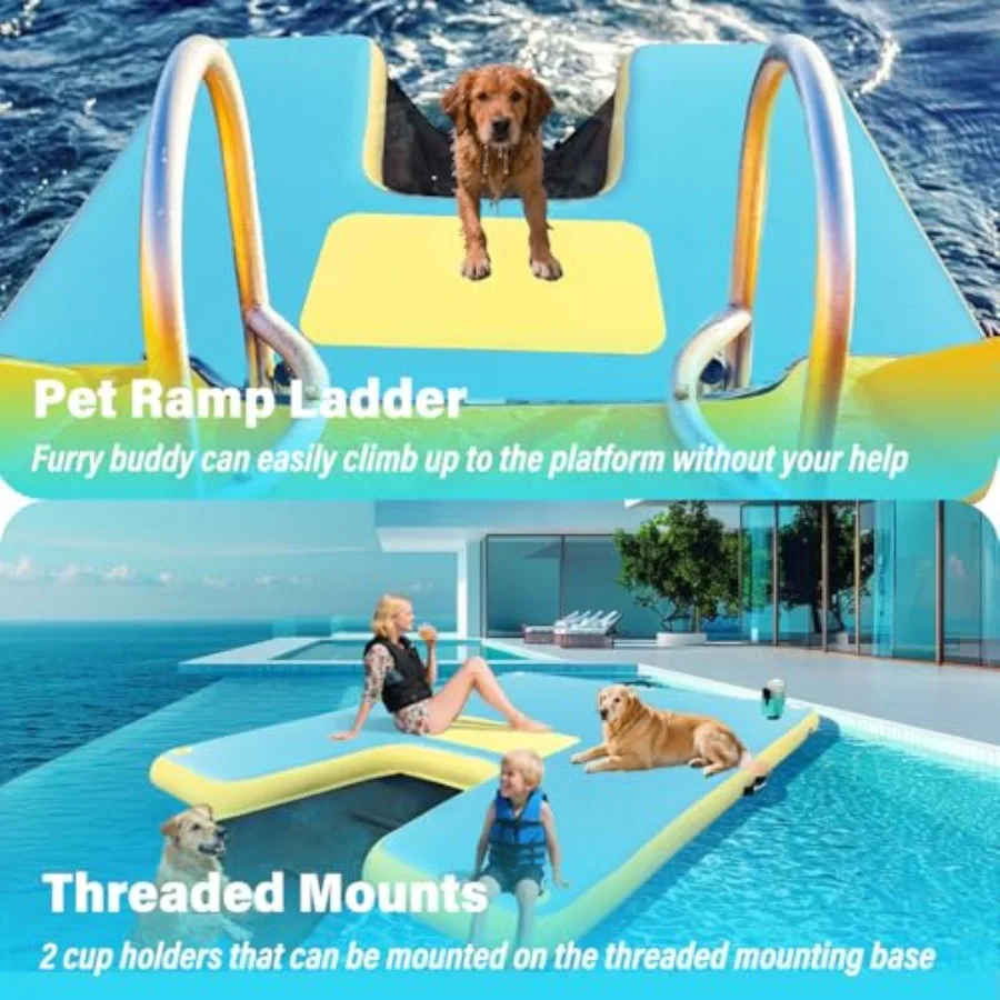 Lake pond pool beach ocean inflatable floating dock with cup holder; PVC material; blue; supports multiple people stable easy t