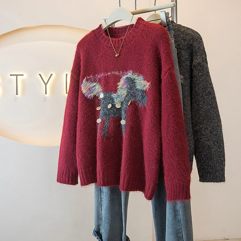 

Slimming Large Size Women's Knitwear Top Sparkling Conceal Meat Anti-Aging Trendy Commute Sle Long Sve Color