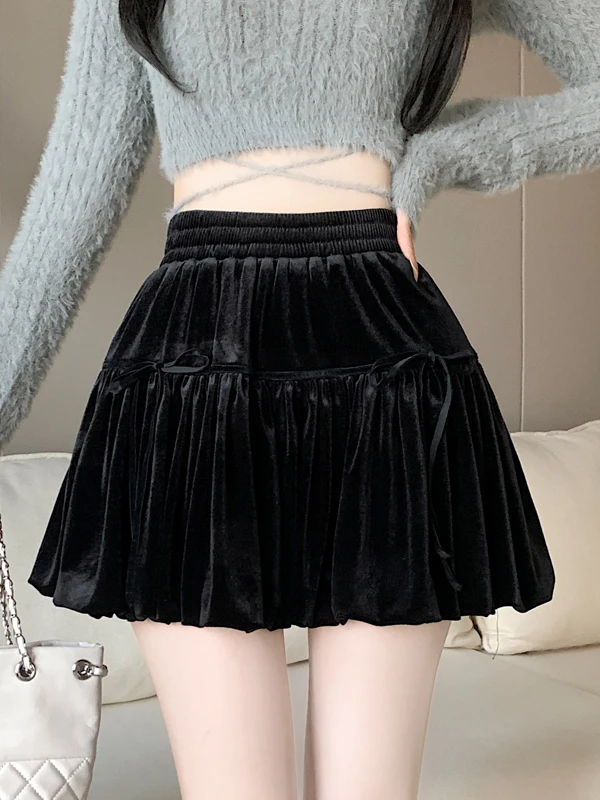 

Корейская бархатная юбка А-силуэта с высокой талией, женская черная плиссированная короткая юбка, модная универсальная модель для осени и зимы, новинка
