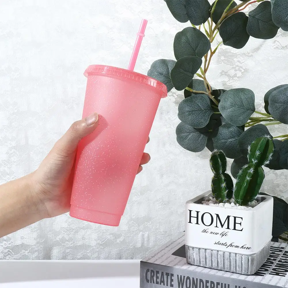 480/700ML Flash Water Bottle For Coffee Juice Milk Tea Kawaii Plastic Cold Cups With Lid Straw Portable Reusable Drinking Bottle