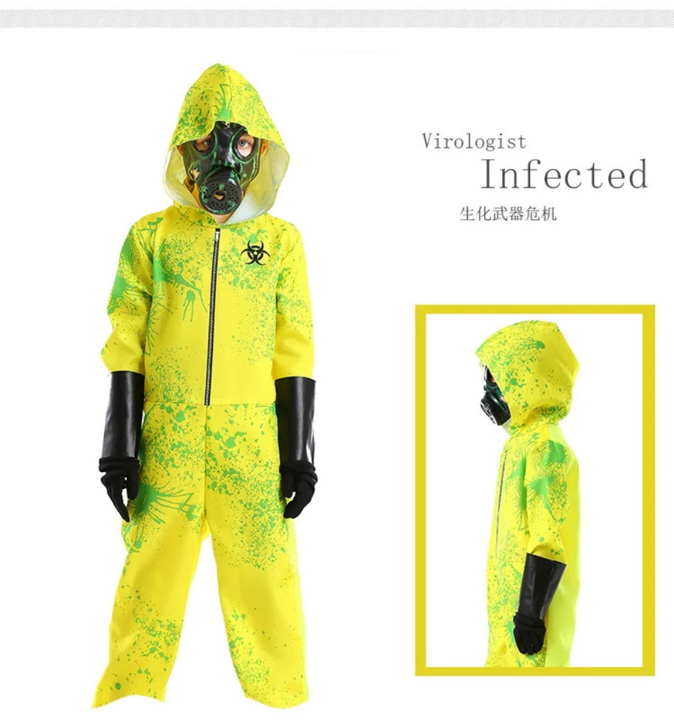 Kinder-Hazmat-Anzug, Kostüm für Jungen, Biohazard-Overall mit Gasmaske und Handschuhen, Halloween, gruseliges Cosplay-Outfit, Karneval, Party, Kostüm, PS66 – Detail 2