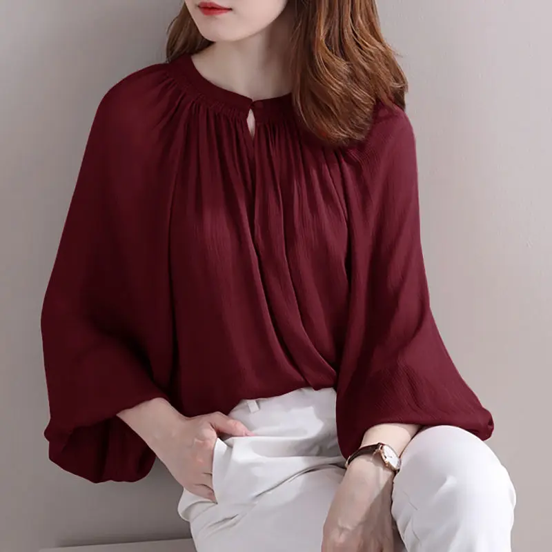 Fashion Crew Neck Lantern Sleeve Spring Autumn Oversized Chiffon Blouse Loose Casual Long Sleeve Commute Women\'s Clothing Shirt