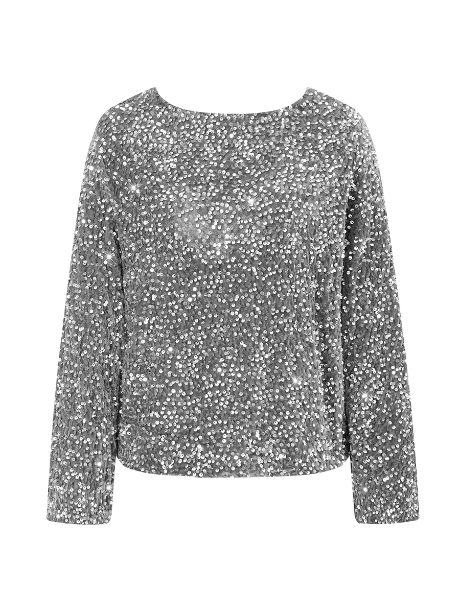 Women s Glitter Sequin Tops Casual Long Sleeve Round Neck Back Bow Blouse Party T-Shirts