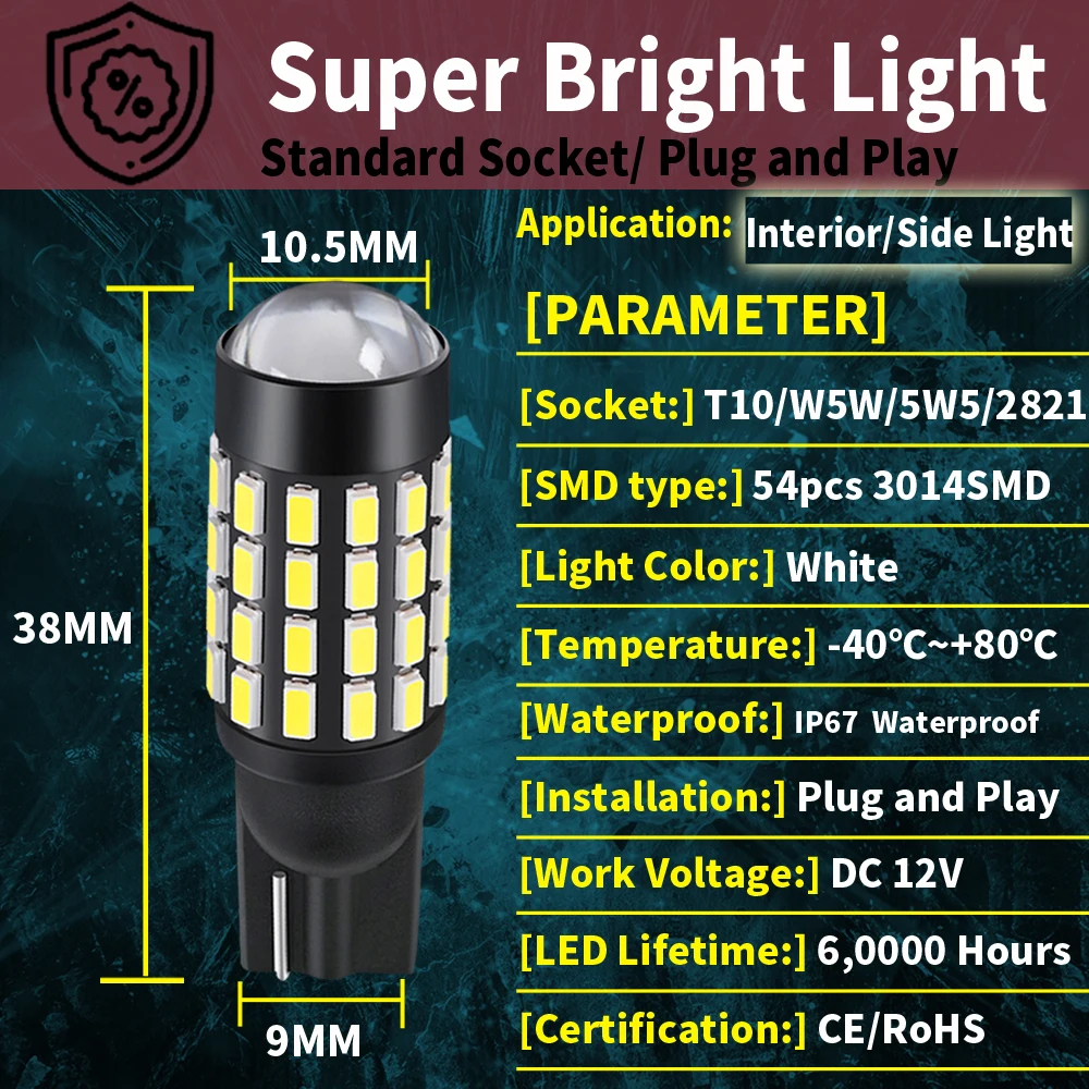 2Pcs High Power T10 LED Bulbs 194 168 W5W 12V 24V Canbus Compatible Extreme Bright 54 SMD 3014 for Car Parking Backup Reverse Li
