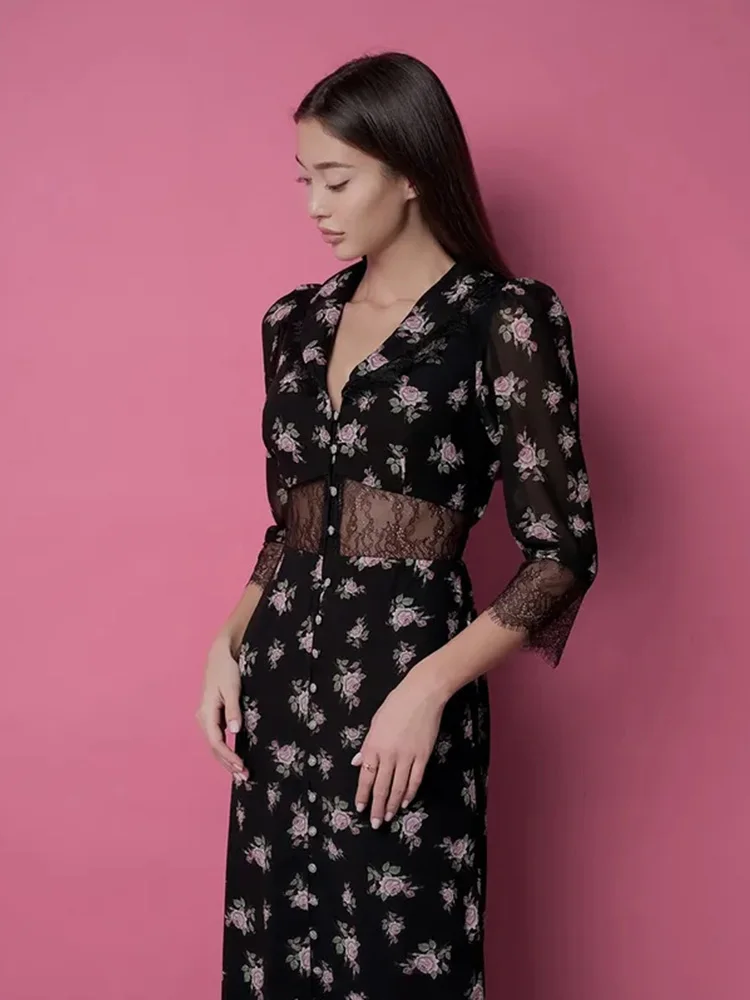 CNYISHE-vestidos de encaje con estampado de flores transparentes para mujer, vestidos de manga larga con cuello en V, tubo Sexy para discoteca, moda elegante, ceñido al cuerpo para mujer
