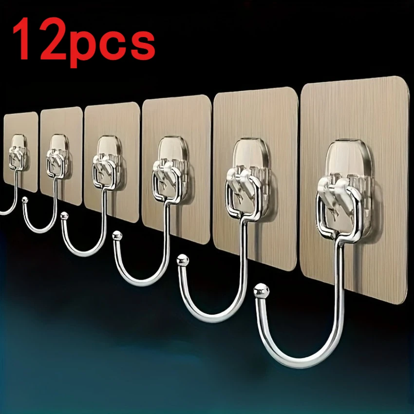 12pcs Self Adhesive Hooks Non-Punching Strong Sticky No Trace Wall Hook for Kitchen Bathroom Towel Bags Storage Hanging Holder