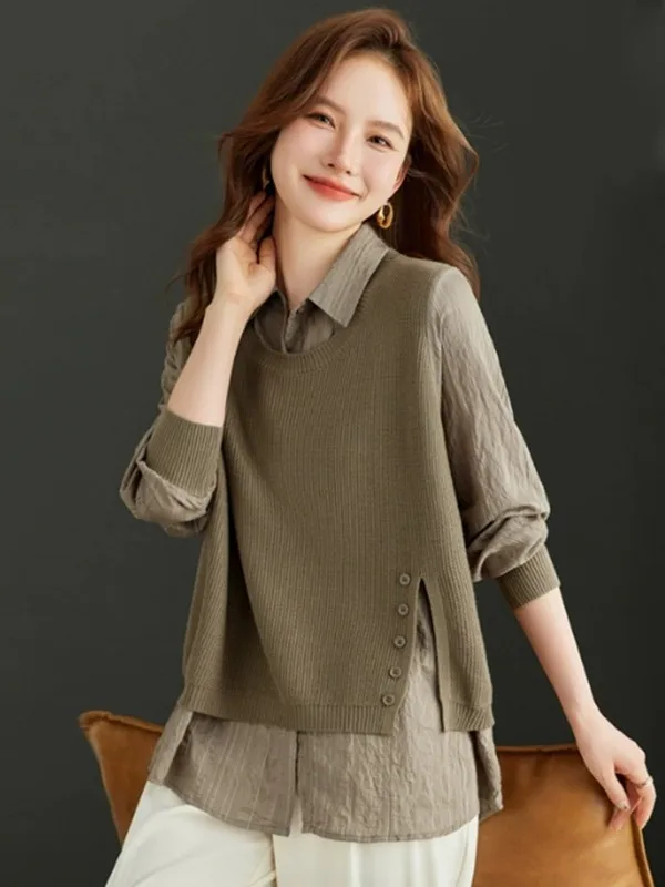 

Повседневный вязаный жилет irt в стиле пэчворк, женский искусственный двухсекционный топ для похудения, брендовый топ для отдыха, длинный свек, полиэфирное волокно