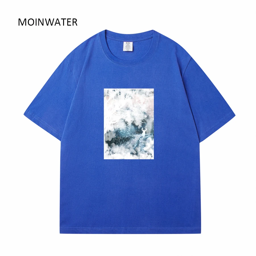 MOINWATER New Women Royal Blue Fashion T shirts Female 100% Cotton Casual Tees Lady Printed Streetwear Short Sleeve Tops MT2321