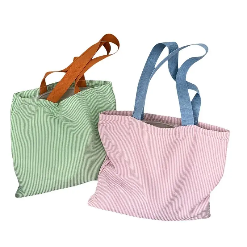Contrast Stripe Women's Canvas Shoulder Bag Large Capacity Multi-pocket Tote for Student School Daily Outing
