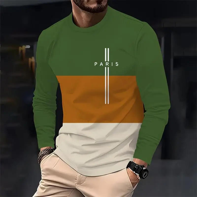 باريس متعدد الألوان الرجال فضفاضة طويلة الأكمام تي شيرت مطبوع موضة Crewneck تي شيرت غير رسمي مريح الرجال الربيع والخريف