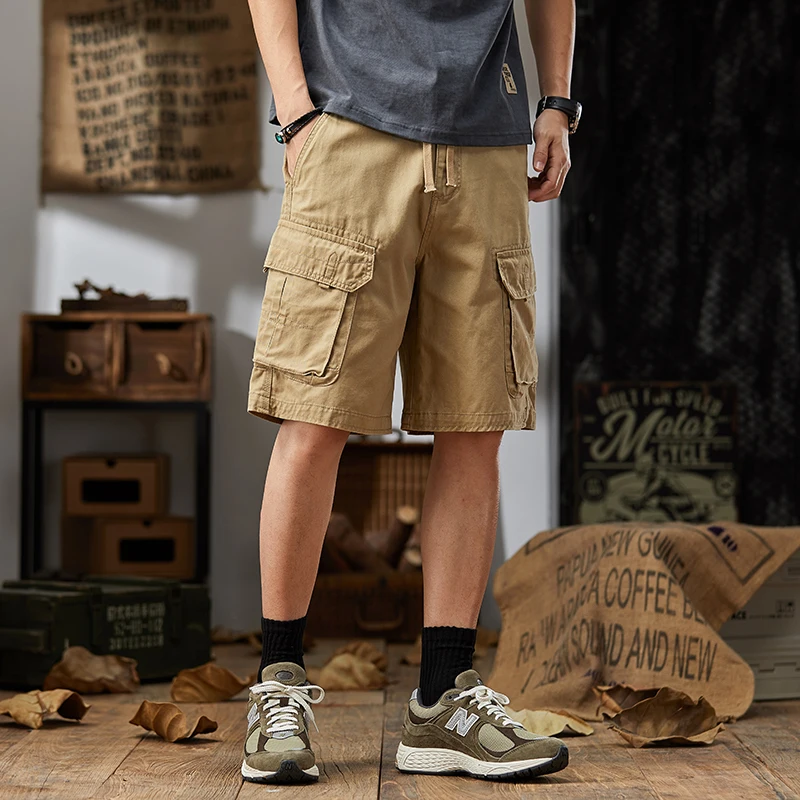 

2026 summer brand high quality 100% cotton men's straight loose cargo shorts retro safari style knee length casual pants pockets