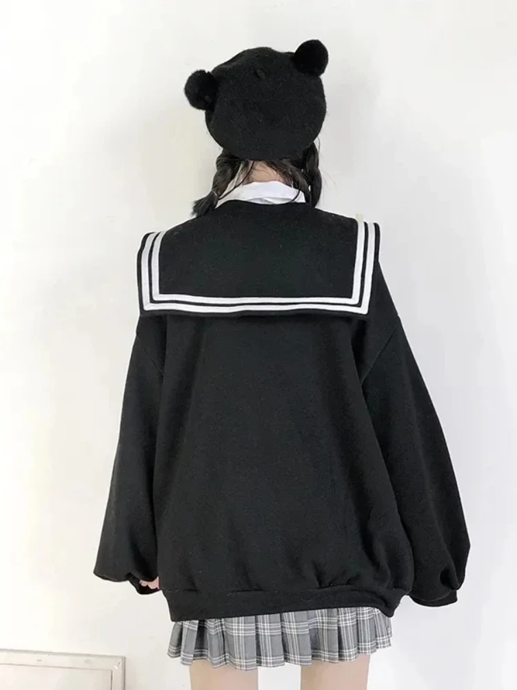 

HOUZHOU Kawaii Zip Up Hoodies Black Japanese Preppy Style Sailor Collar Sweatshirts Sweet Lolita Coats Loose Cute Top Soft Girl