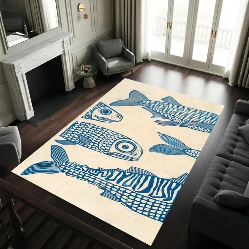 Minimalist Swimming Carpet, Stylized Blue Fish with Detailed Patterns, Clean Contrast Design for Light & Airy Room Decoration