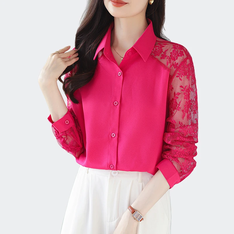

Korean Style Fashion Women's Blouse Chic Lace Sleeve Cut-out Patchwork Office Commuter Shirt For Female Casual Chiffon Tops
