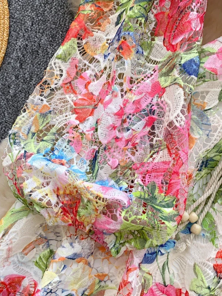 France Elegant Vintage Palace Evening Dress Women Print Hollow Out Lace Short Party Dress Female Casual Chic Festival Clothing