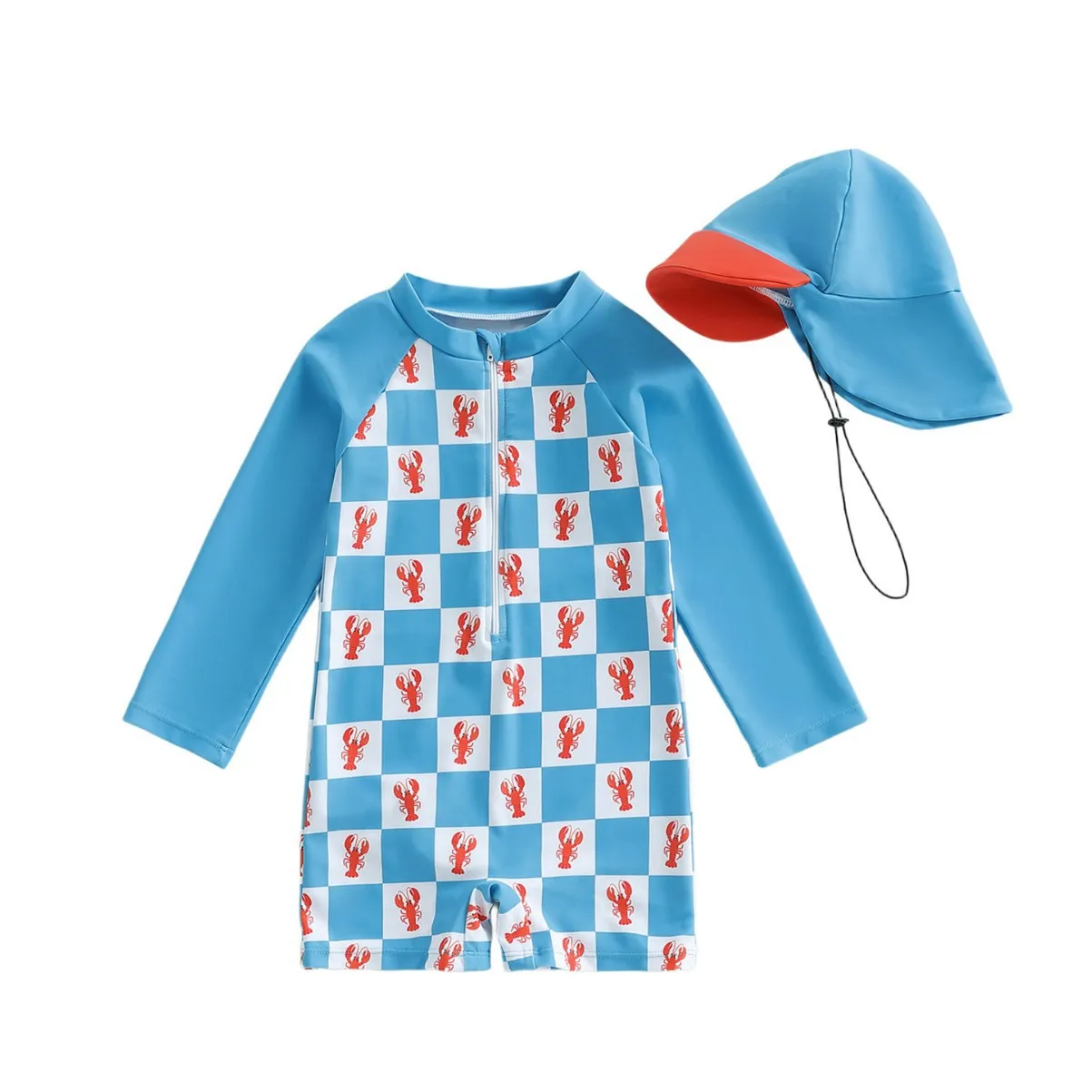 Boys One-piece Swimsuit with Sun Hat Kids Long Sleeve Cartoon Shark Print Sun-protective Quick-Dry Swimwear Baby Bathing Costume