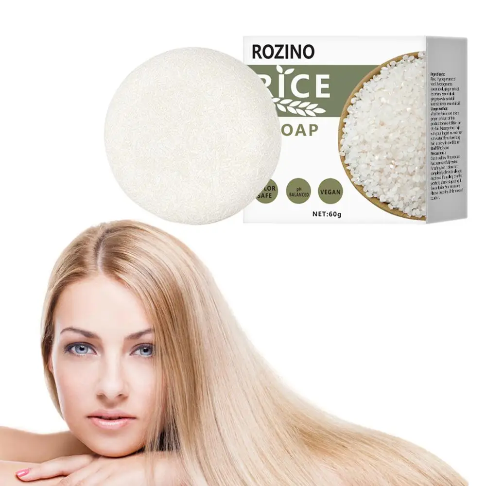 Barra de jabón orgánico para champú de arroz, jabón antipérdida para acondicionamiento del cabello seco, crecimiento de arroz, agua, proteína para el cabello, jabón nutritivo para el cabello Y8E4