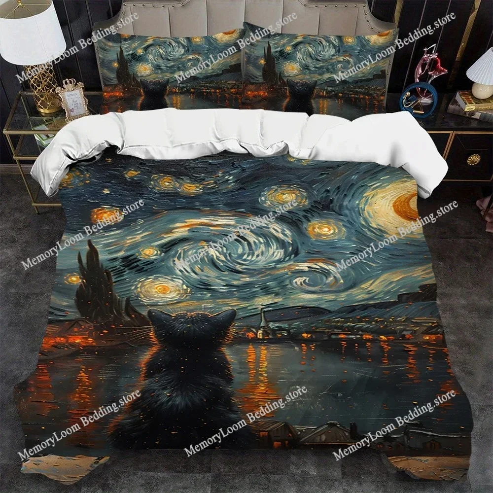 

Starry Night And The Cat Duvet Cover Set Home Style Bedding Soft Laundry Cotton Bed Student Dormitory Gift Home Textileextile963