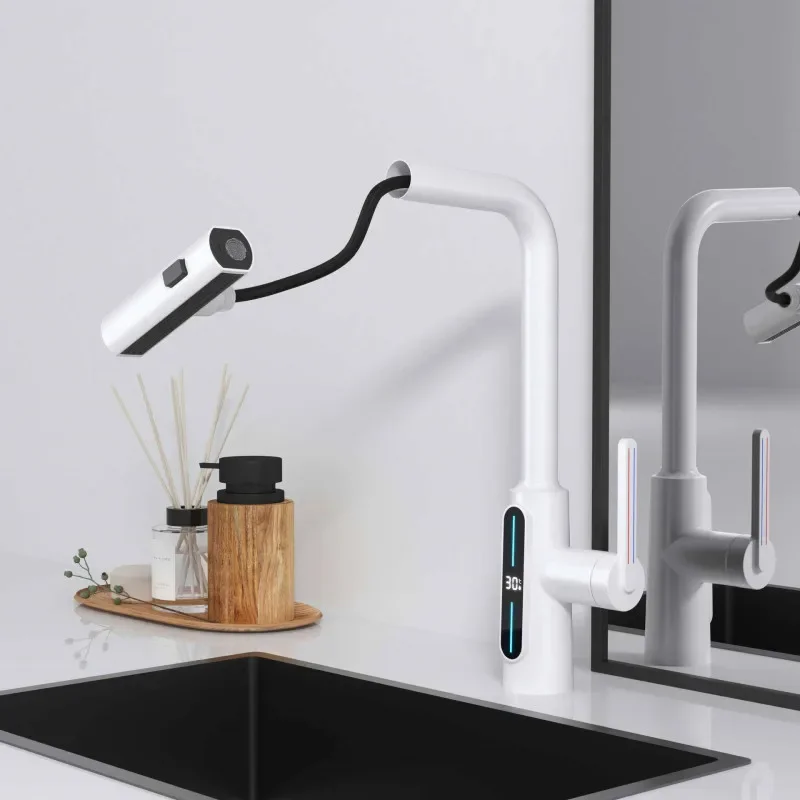 Digital Display Kitchen Faucet Brass Lead Free Single Lever Hot and Cold Pull Out Mixer Sink Tap Bathroom Mixer White Gray