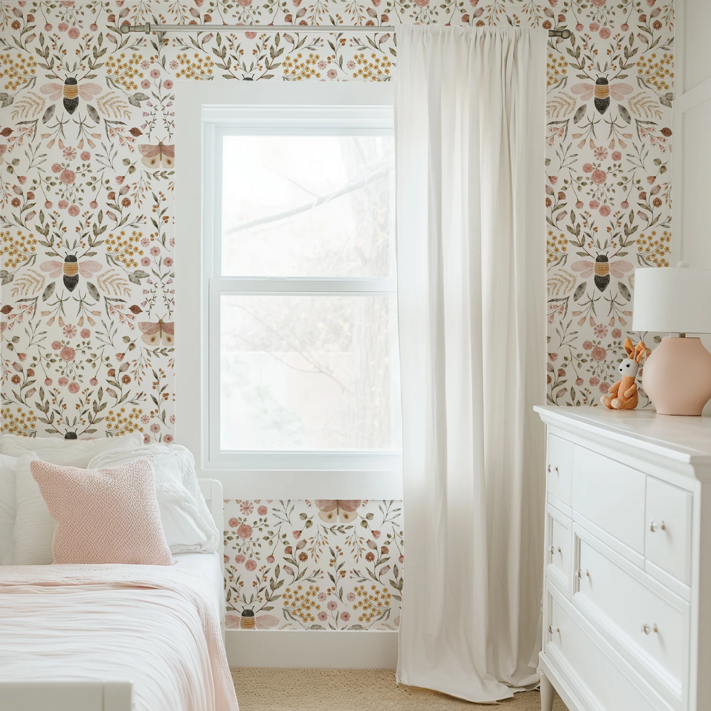 Watercolor Floral Bee Peel and Stick Wallpaper Boho Botanical Removable Waterproof Self-Adhesive Contact Paper for Bedroom
