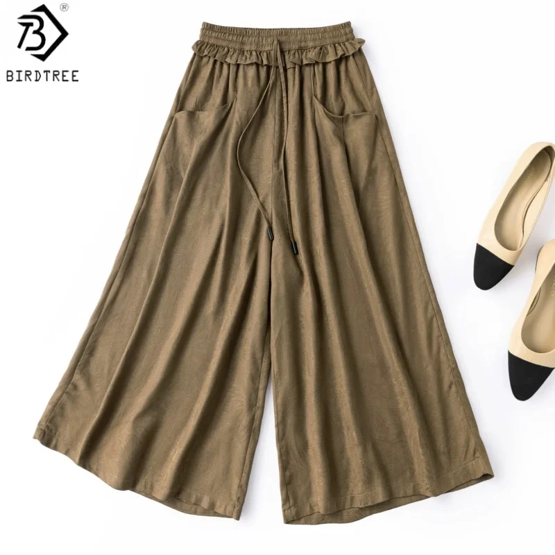 Birdtree, 100% Silk Jacquard Wide Leg Pants, Women Spun Silk Drawstring Pocket Capri Trousers, Elastic Waist, 2026 New T66129JF