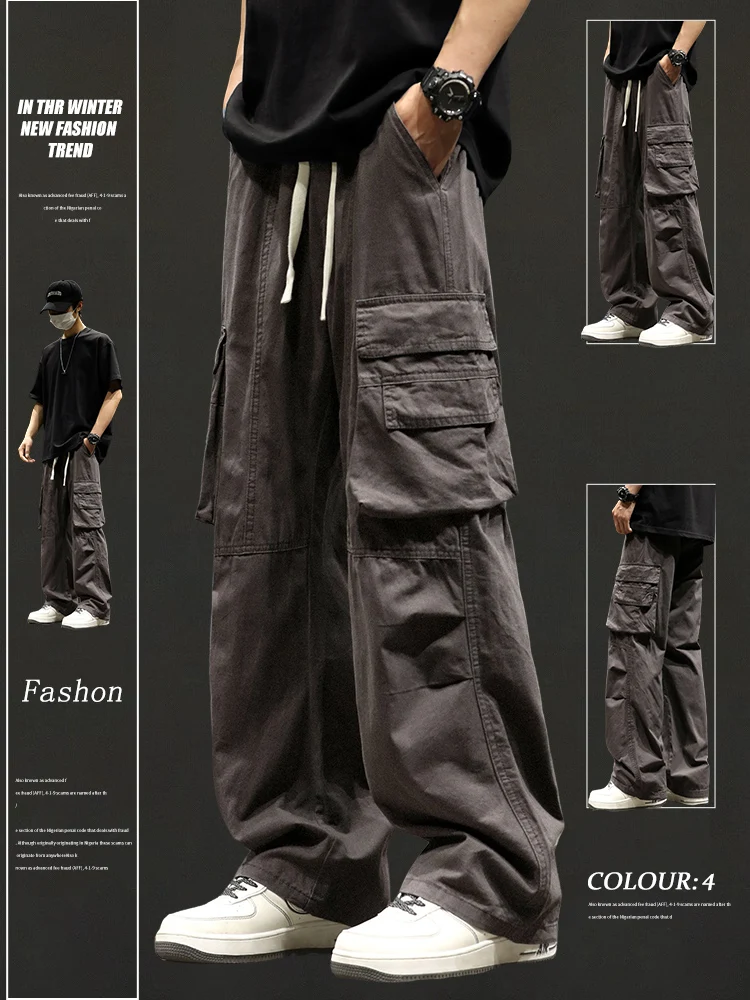 

Japanese Streetwear Fce Lined Workwear Casual Pants Men's Autumn Winter Loose Straight Leg Pure Cotton Trousers
