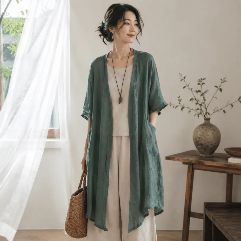 

Lightweight Short Sleeved Linen Cardigan Sunscreen Cover Loose Long Shawl Simple Front Opening Summer Shirt Outerwear