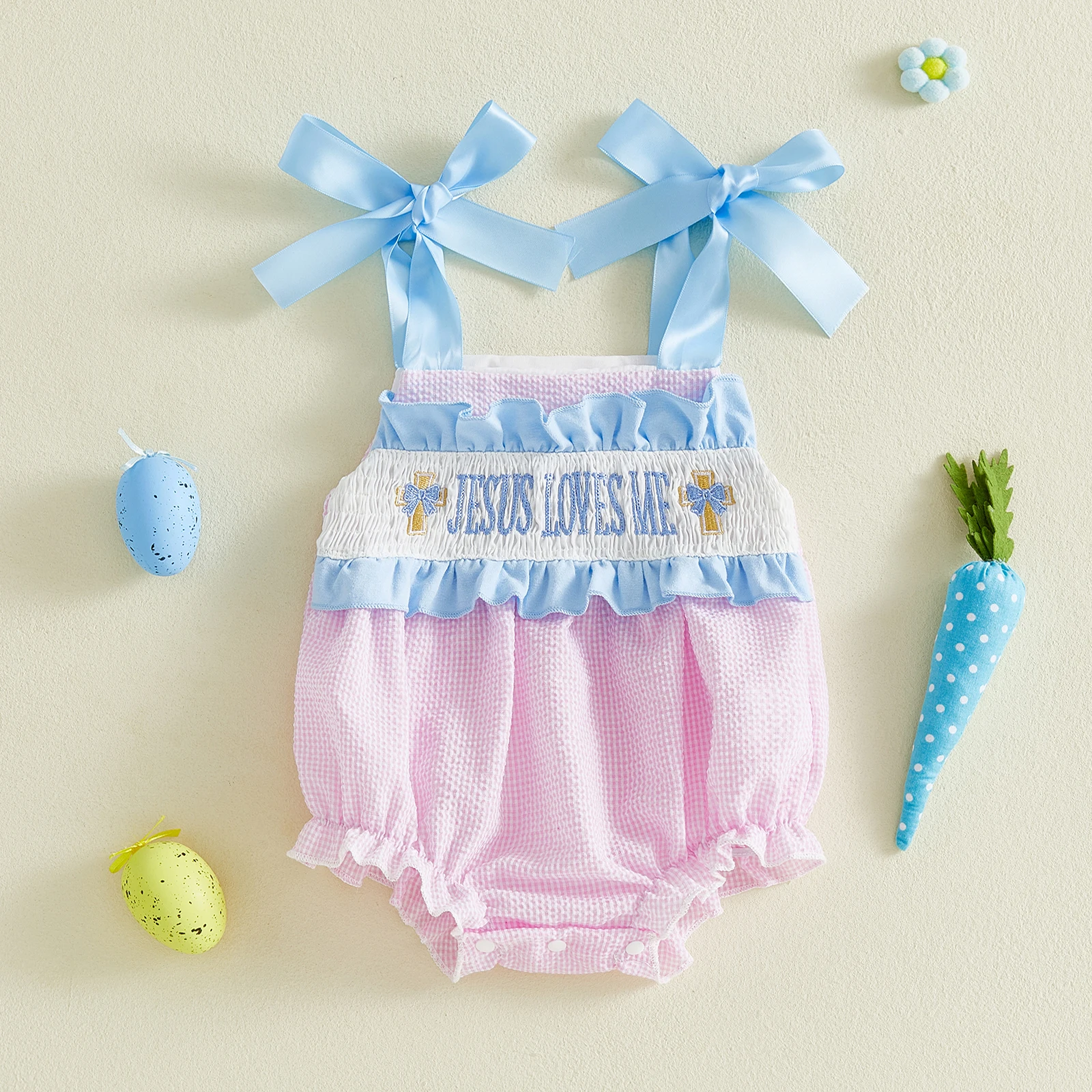 Cute Easter Baby Girls Rompers Adorable Letter Embroidery Sleeveless Square Neck Bodysuits Jumpsuit for Holiday Daily Wear