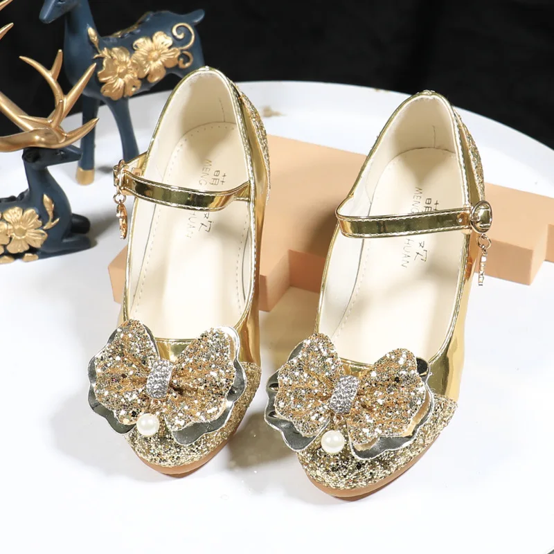 Girls High Heels Shiny Bowknot Sequins Princess Leather Shoes Crystal Dance Performance Children's Shoes Kids Casual Footwear