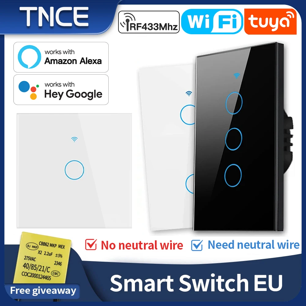 TNCE Tuya commutateur WIFI RF US/EU, 1/2/3/4 Gang No/avec fil neutre contrôleur de lumière LED murale, vie intelligente, voix Alexa Google Home