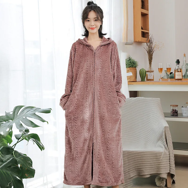 Zipper Nightgown Long Sleepwear Lady Warm Coral Fleece Nightwear Couple Loose Robe Autumn Winter New Kimono Bathrobe Gown