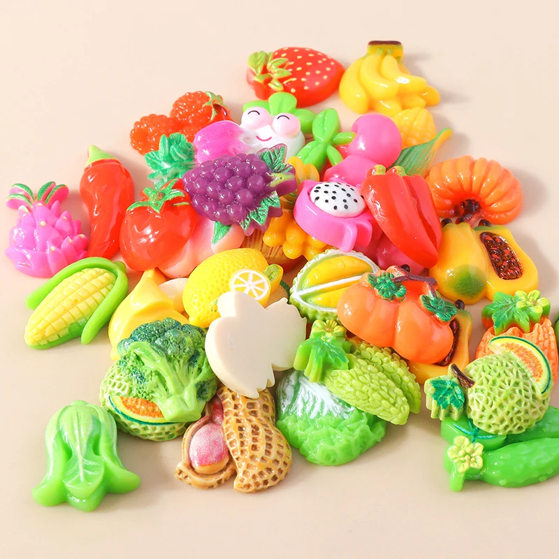 Leslie 15pcs Mix Resin Vegetables Lemon Apple Banana Strawberry Cherry Flat back Cabochon for DIY Women Girls Hairpin Decoration