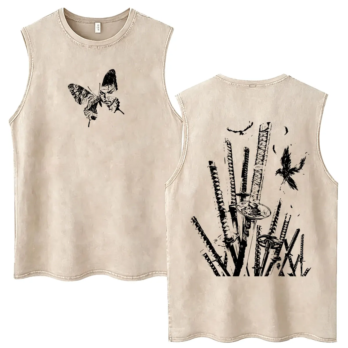 Anime Vagabond Miyamoto Musashi Butterfly Vintage Washed Tank Tops Men Women Clothing Retro Manga Cotton Sleeveless Vest T-shirt