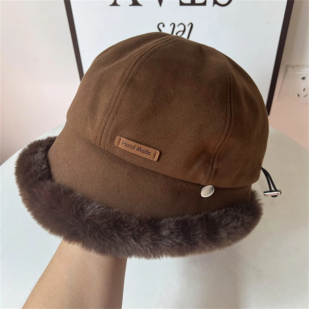 Female Outdoor Plush Padded Cold Hat Winter Ear Protection Fisherman's Hat Europe & the United States Windproof Warm Bucket Cap