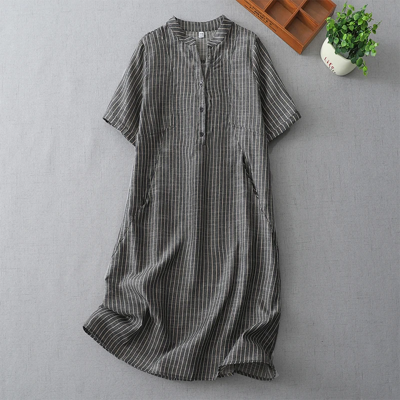 

Summer New Stripe ort Sve Cotton Linen irt Dr Midi Length Slimming V-Ne A-Line Skirt over Knee Dres